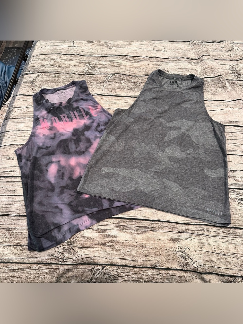 Lot of 2 NOBULL Athletic Tank Tops; Pink Tie Dye, Grey Camo Both Medium